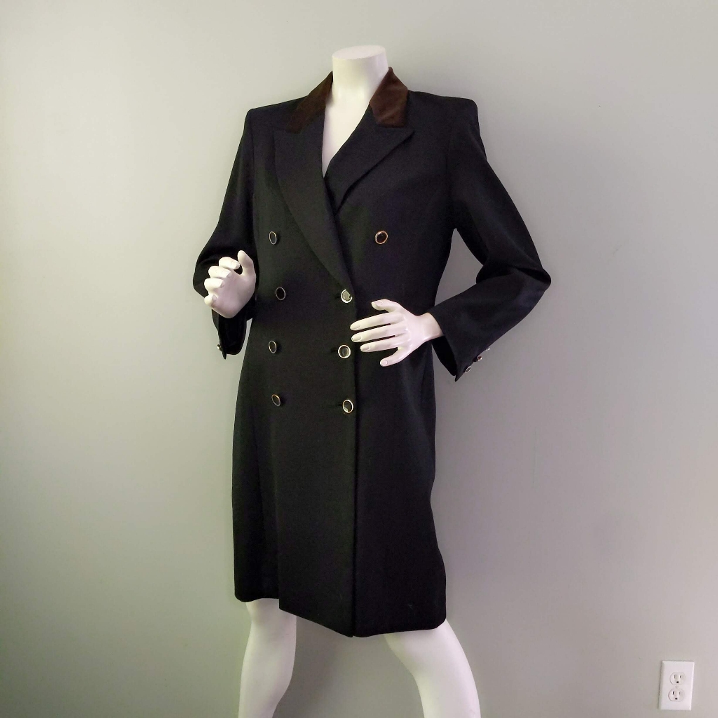 Vintage 1990s Classic Doncaster Wool Velvet Collar Equestrian Midi Coat M L